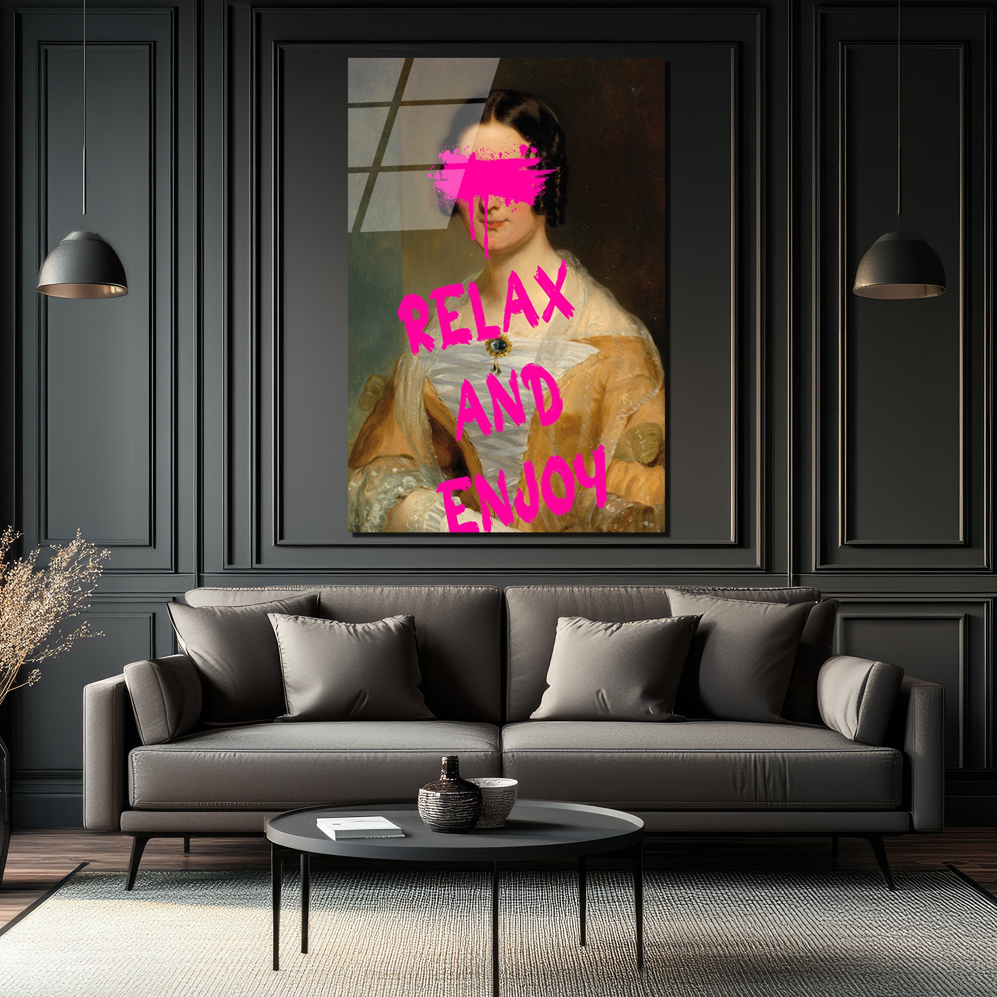 Relax and Enjoy Neon Pembe Graffiti Klasik Portre Cam Tablo