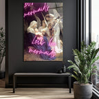 Let's Be Mermaids Neon Yazılı Meryem Ana ve Melekler Cam Tablo