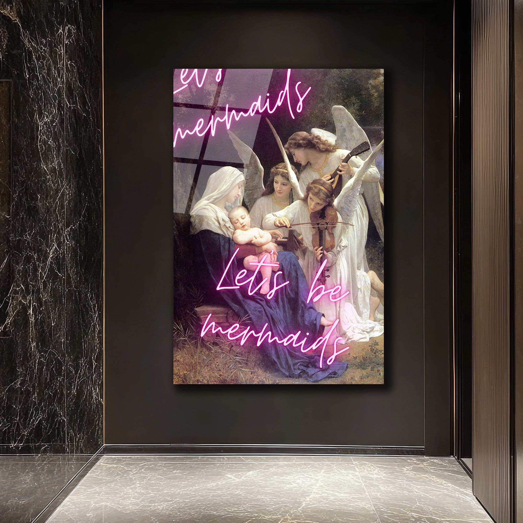 Let's Be Mermaids Neon Yazılı Meryem Ana ve Melekler Cam Tablo