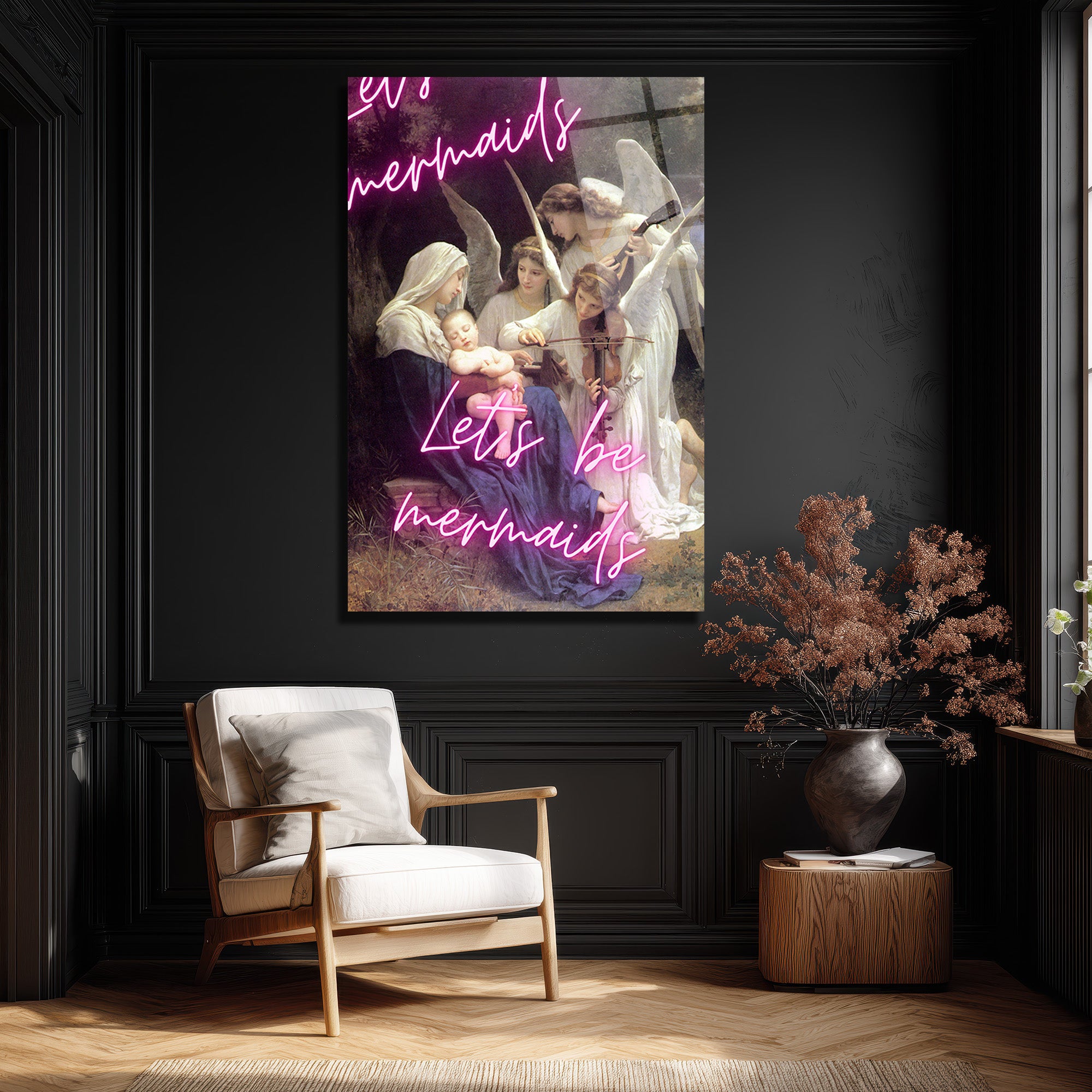 Let's Be Mermaids Neon Yazılı Meryem Ana ve Melekler Cam Tablo