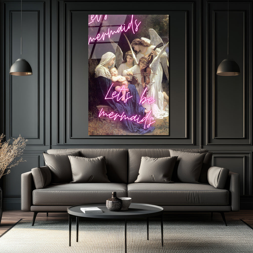 Let's Be Mermaids Neon Yazılı Meryem Ana ve Melekler Cam Tablo
