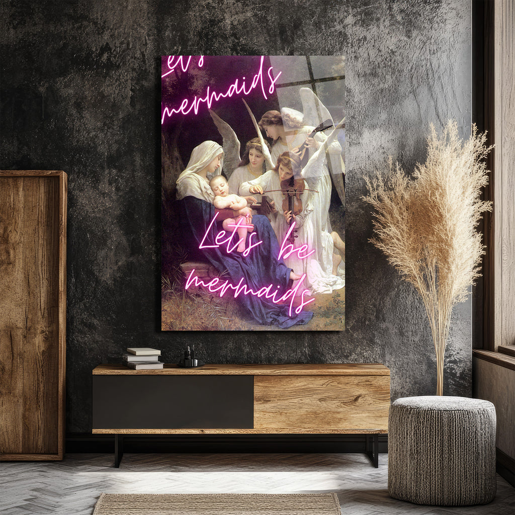 Let's Be Mermaids Neon Yazılı Meryem Ana ve Melekler Cam Tablo