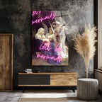 Let's Be Mermaids Neon Yazılı Meryem Ana ve Melekler Cam Tablo