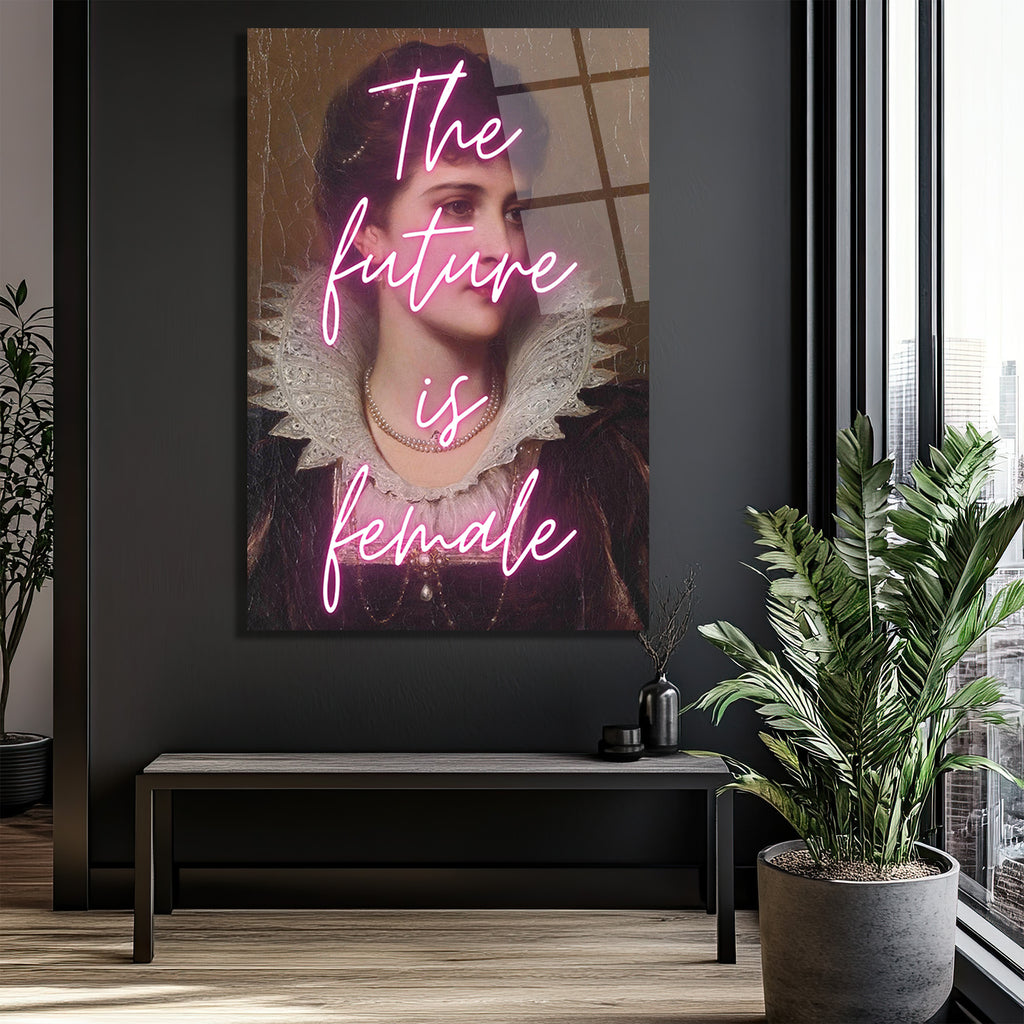 The Future Is Female Neon Yazılı Vintage Portre Cam Tablo