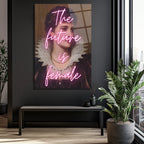 The Future Is Female Neon Yazılı Vintage Portre Cam Tablo