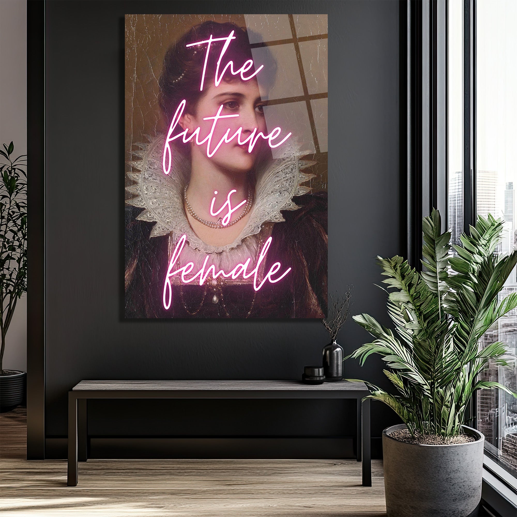 The Future Is Female Neon Yazılı Vintage Portre Cam Tablo