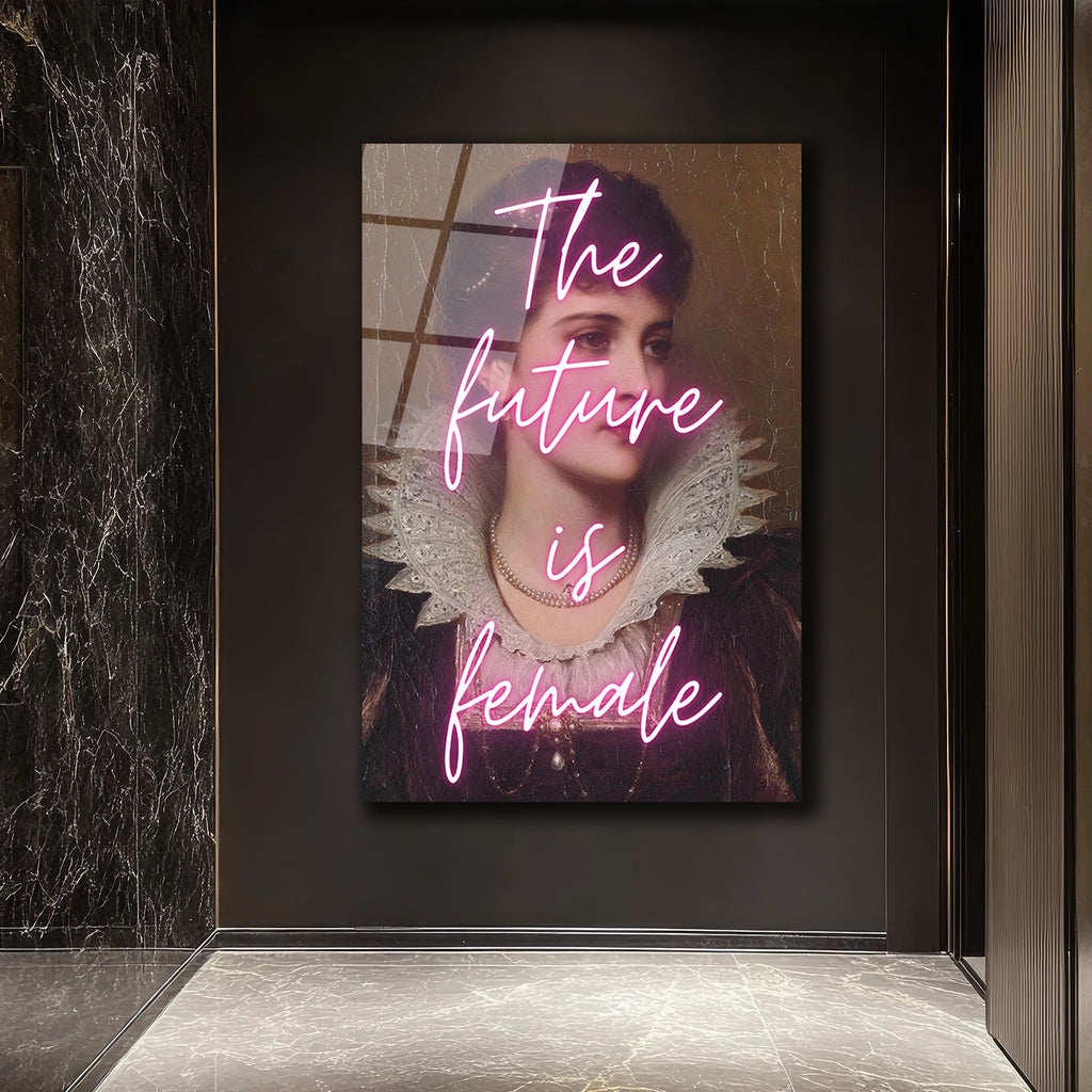 The Future Is Female Neon Yazılı Vintage Portre Cam Tablo