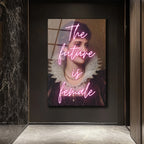 The Future Is Female Neon Yazılı Vintage Portre Cam Tablo