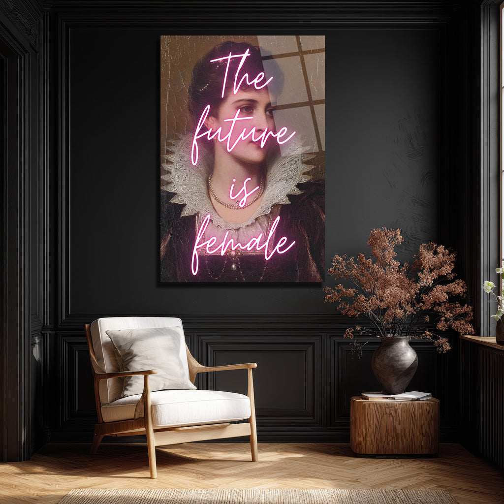 The Future Is Female Neon Yazılı Vintage Portre Cam Tablo