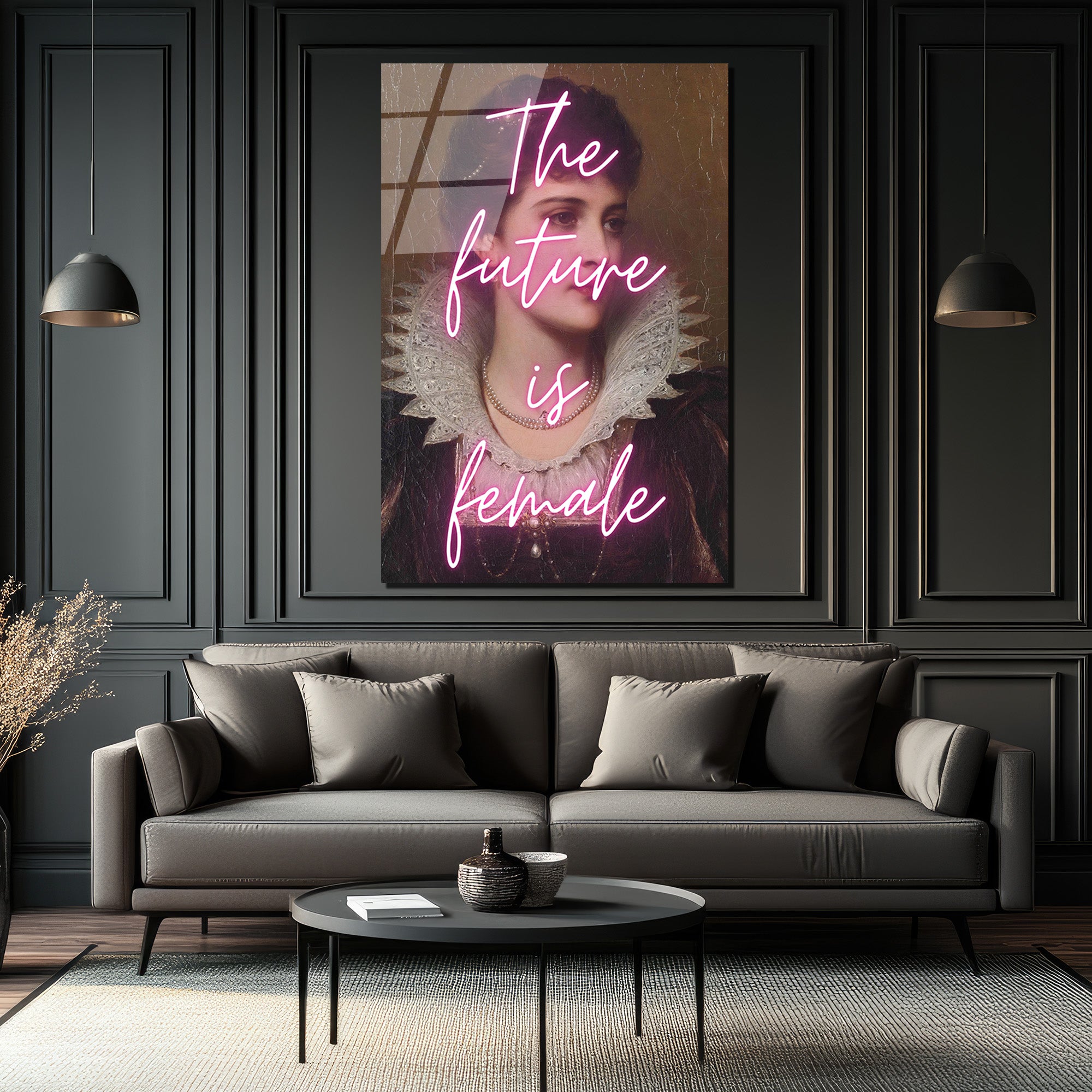 The Future Is Female Neon Yazılı Vintage Portre Cam Tablo
