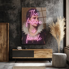 The Future Is Female Neon Yazılı Vintage Portre Cam Tablo
