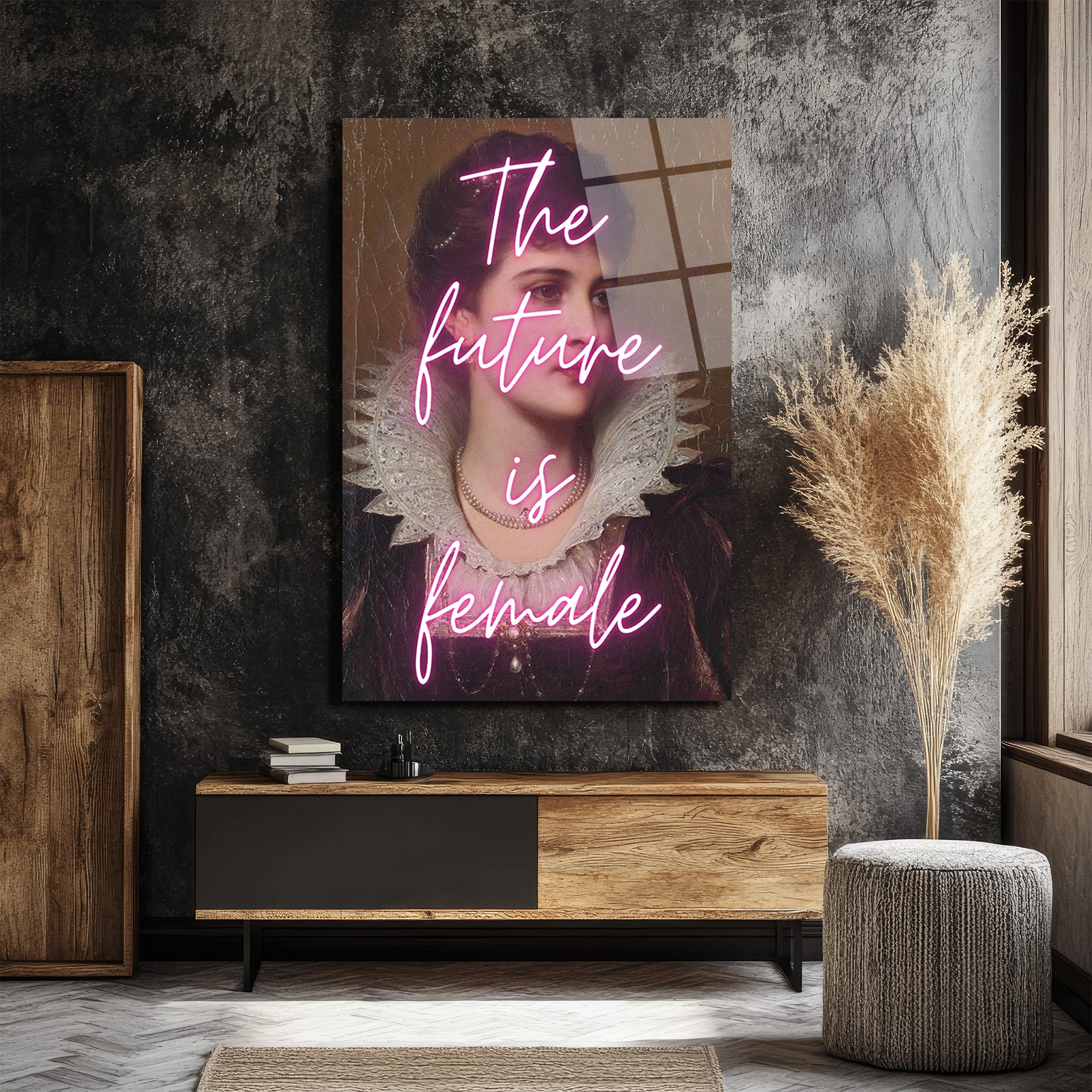 The Future Is Female Neon Yazılı Vintage Portre Cam Tablo