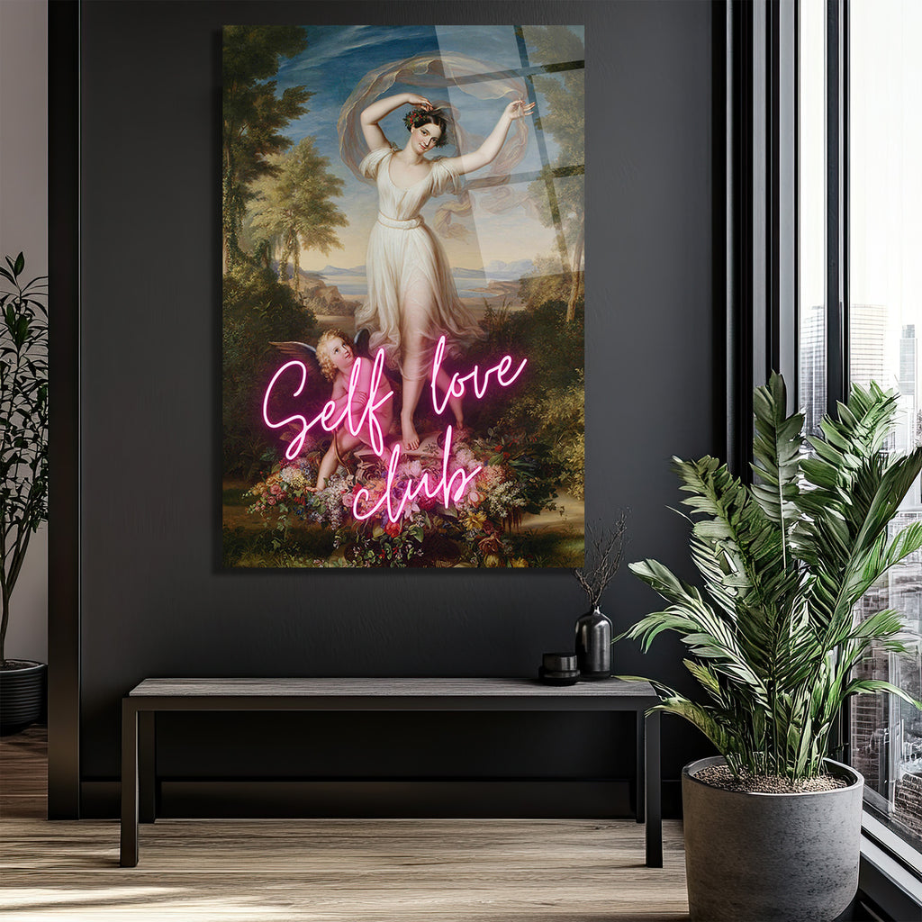 Self Love Club Neon Temalı Klasik Sanat Cam Tablo