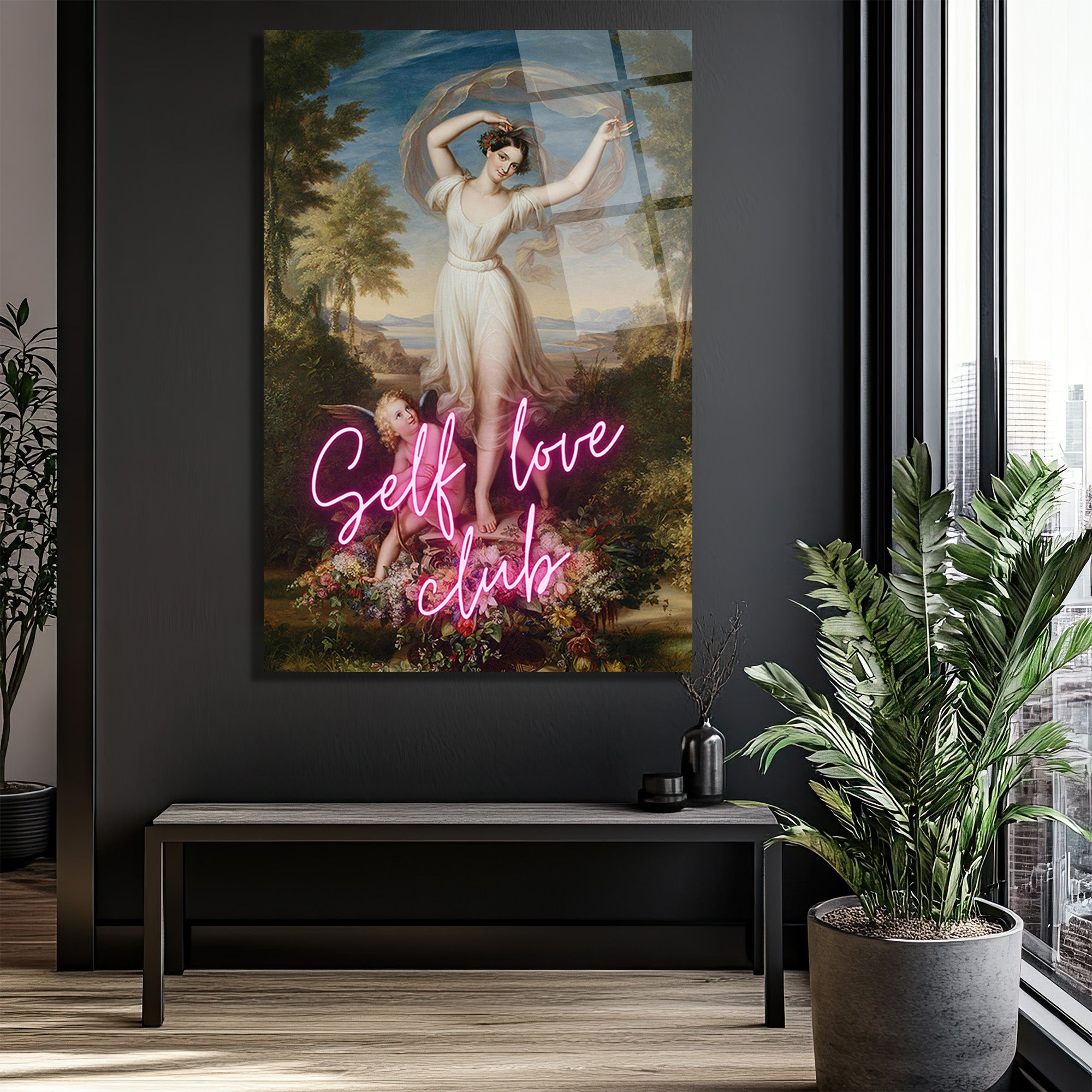 Self Love Club Neon Temalı Klasik Sanat Cam Tablo