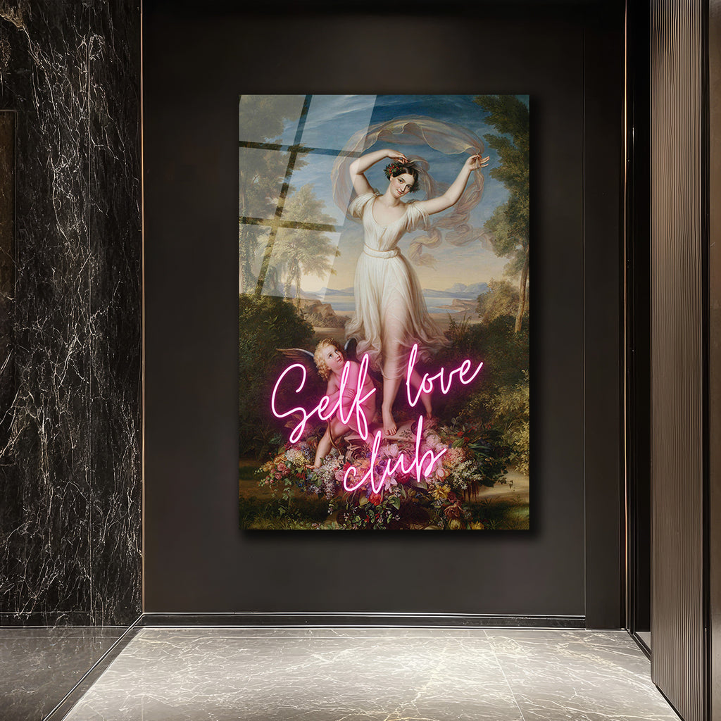 Self Love Club Neon Temalı Klasik Sanat Cam Tablo