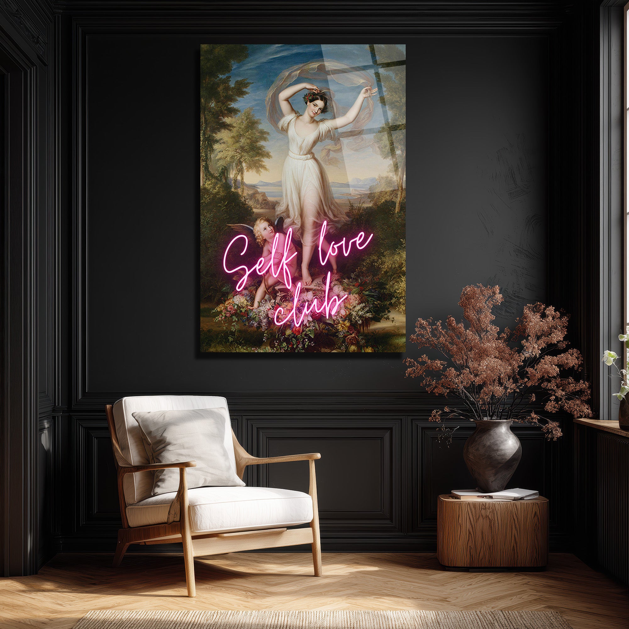 Self Love Club Neon Temalı Klasik Sanat Cam Tablo