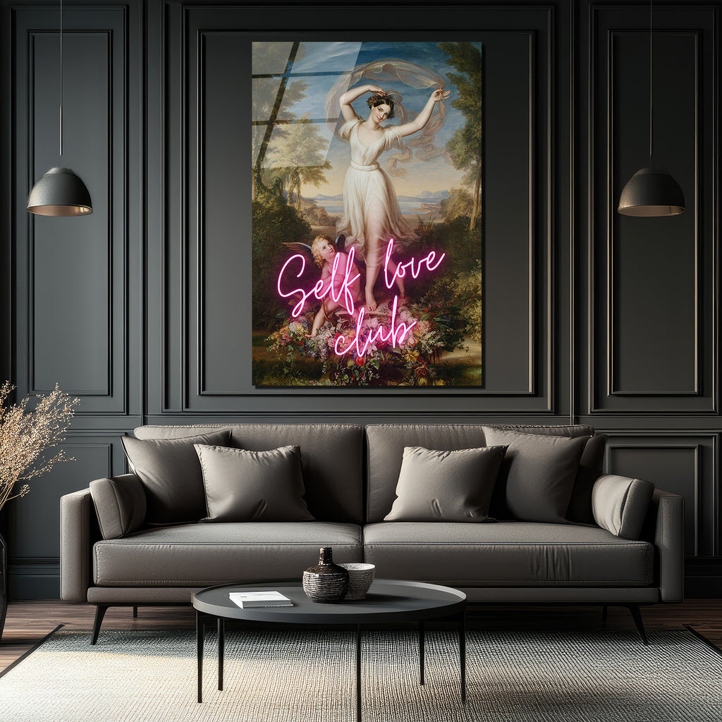 Self Love Club Neon Temalı Klasik Sanat Cam Tablo