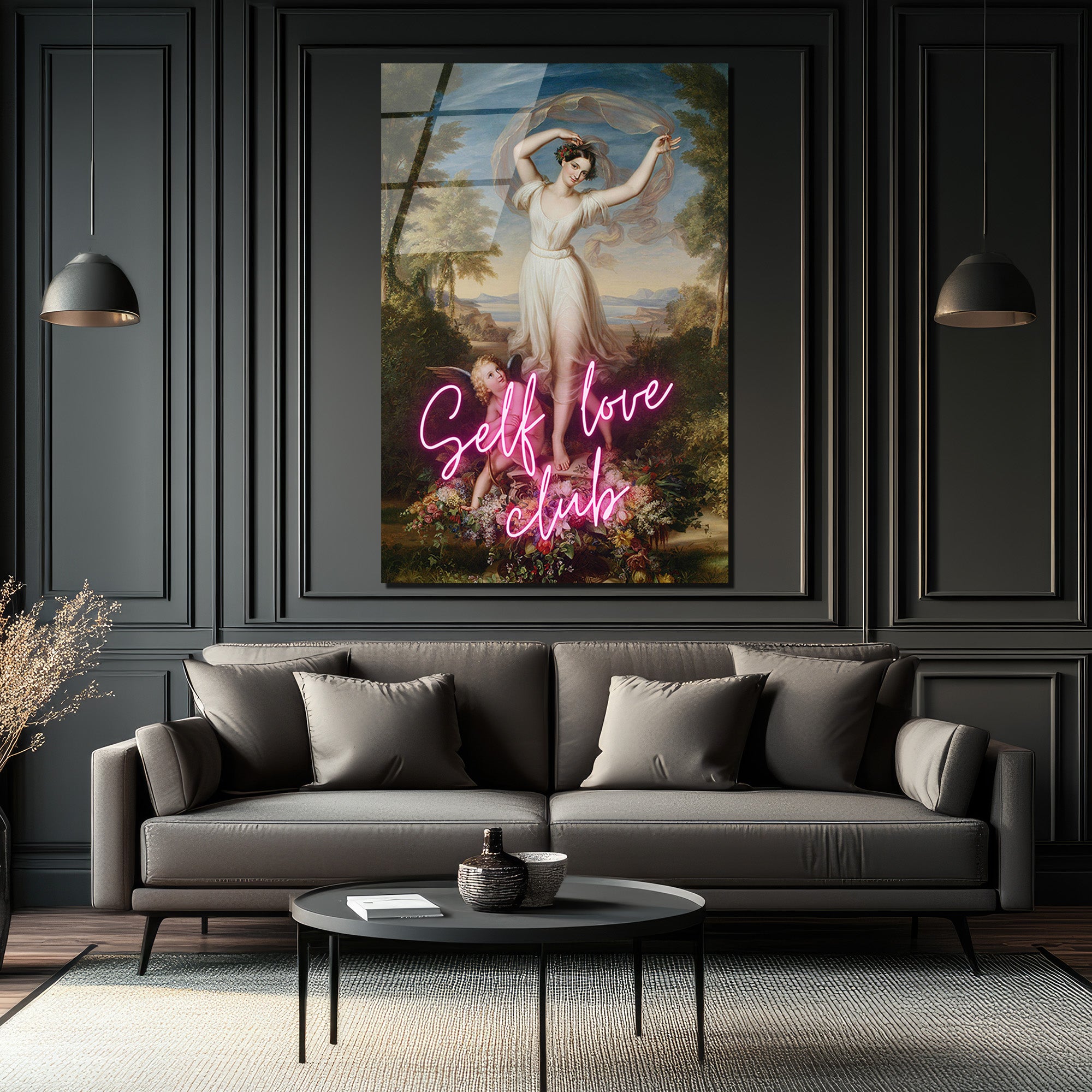 Self Love Club Neon Temalı Klasik Sanat Cam Tablo