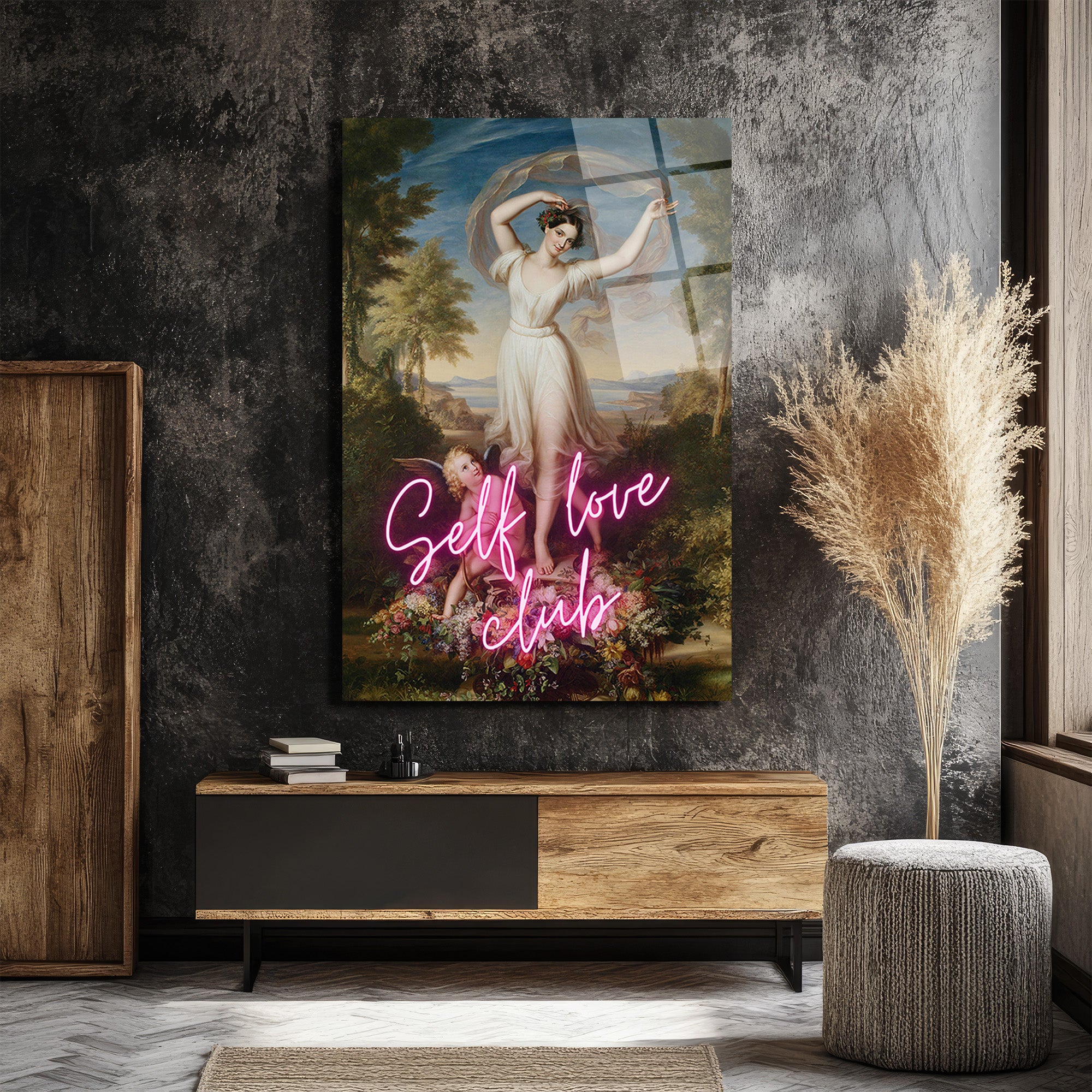 Self Love Club Neon Temalı Klasik Sanat Cam Tablo