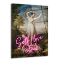 Klasik bir tablo üzerine neon pembe 'Self Love Club' yazısı işlenmiş, beyaz elbiseli dans eden bir kadın ve ona bakan melek figürünün çiçekler arasında betimlendiği parlayan cam tablo.