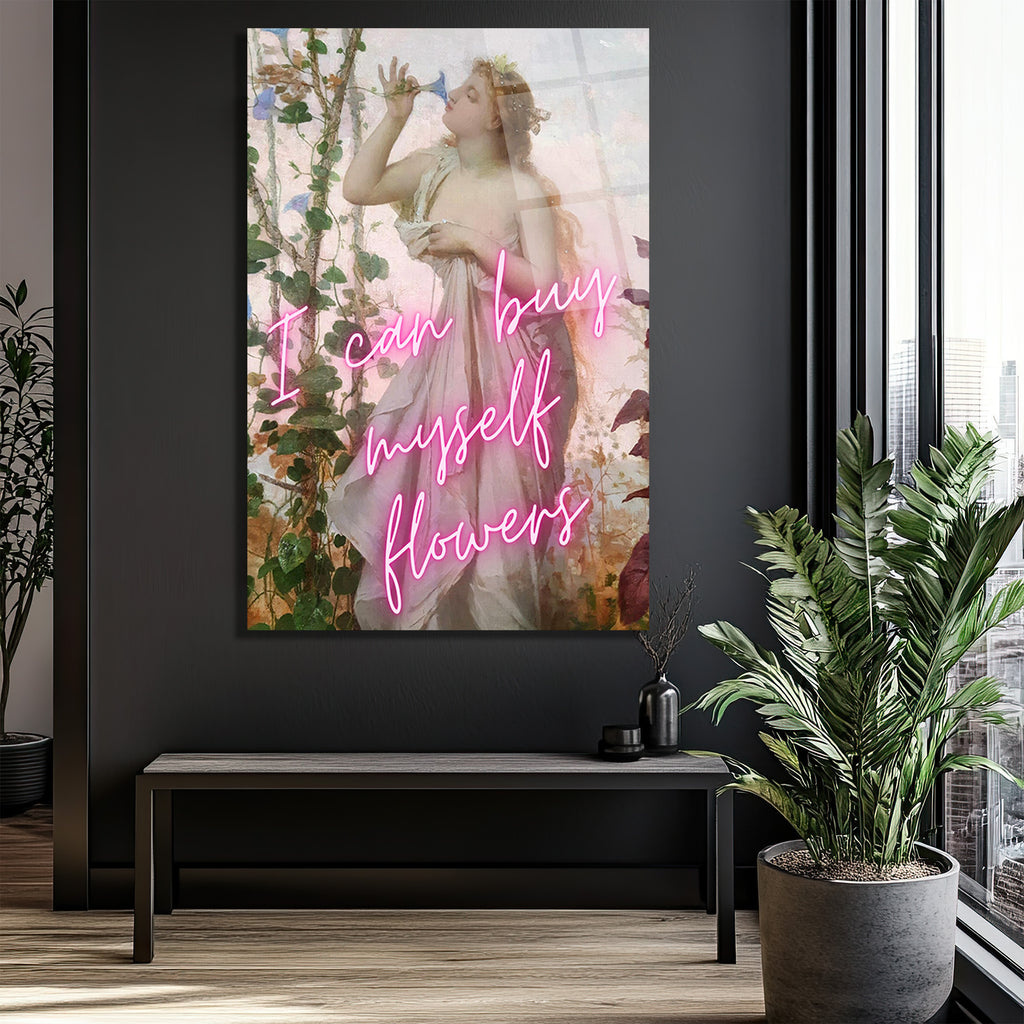 Kendime Çiçek Alabilirim Neon Yazılı Romantik Klasik Sanat Cam Tablo