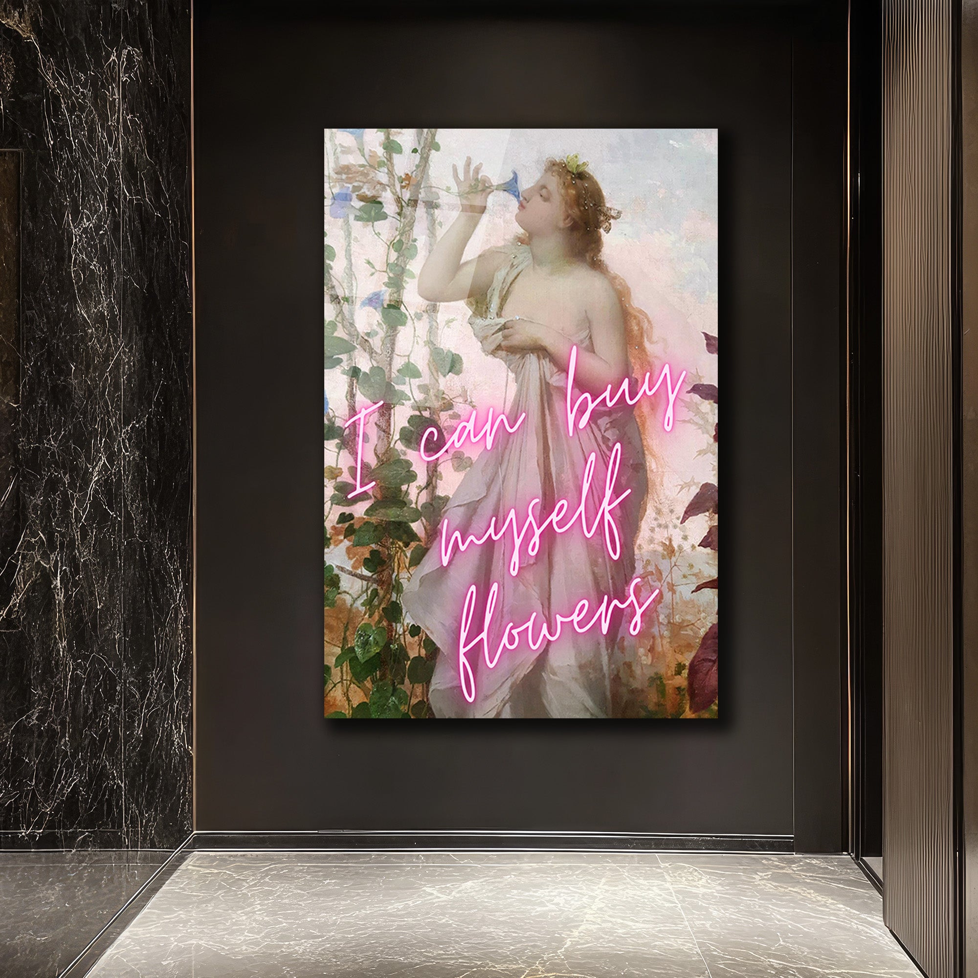 Kendime Çiçek Alabilirim Neon Yazılı Romantik Klasik Sanat Cam Tablo