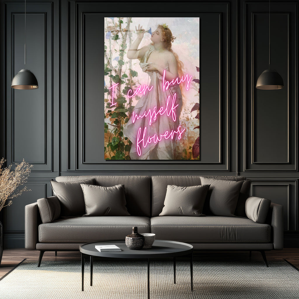 Kendime Çiçek Alabilirim Neon Yazılı Romantik Klasik Sanat Cam Tablo