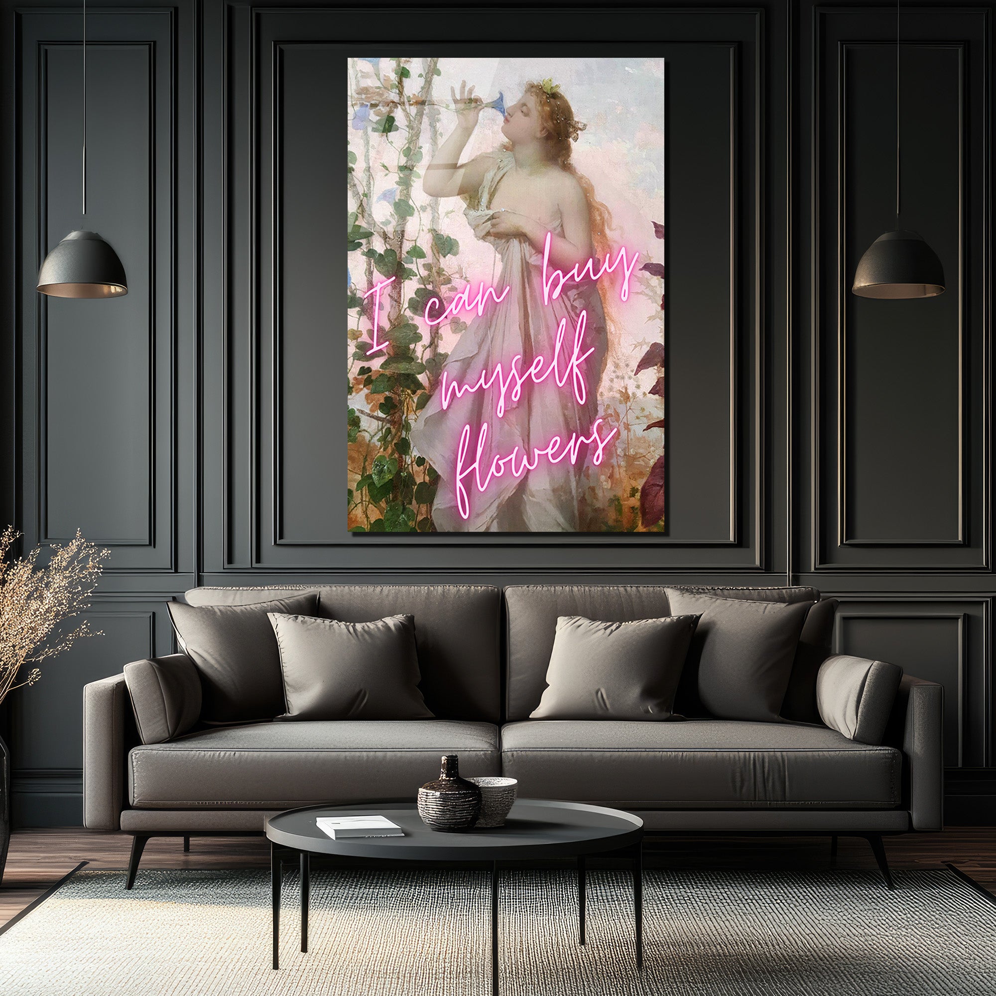 Kendime Çiçek Alabilirim Neon Yazılı Romantik Klasik Sanat Cam Tablo