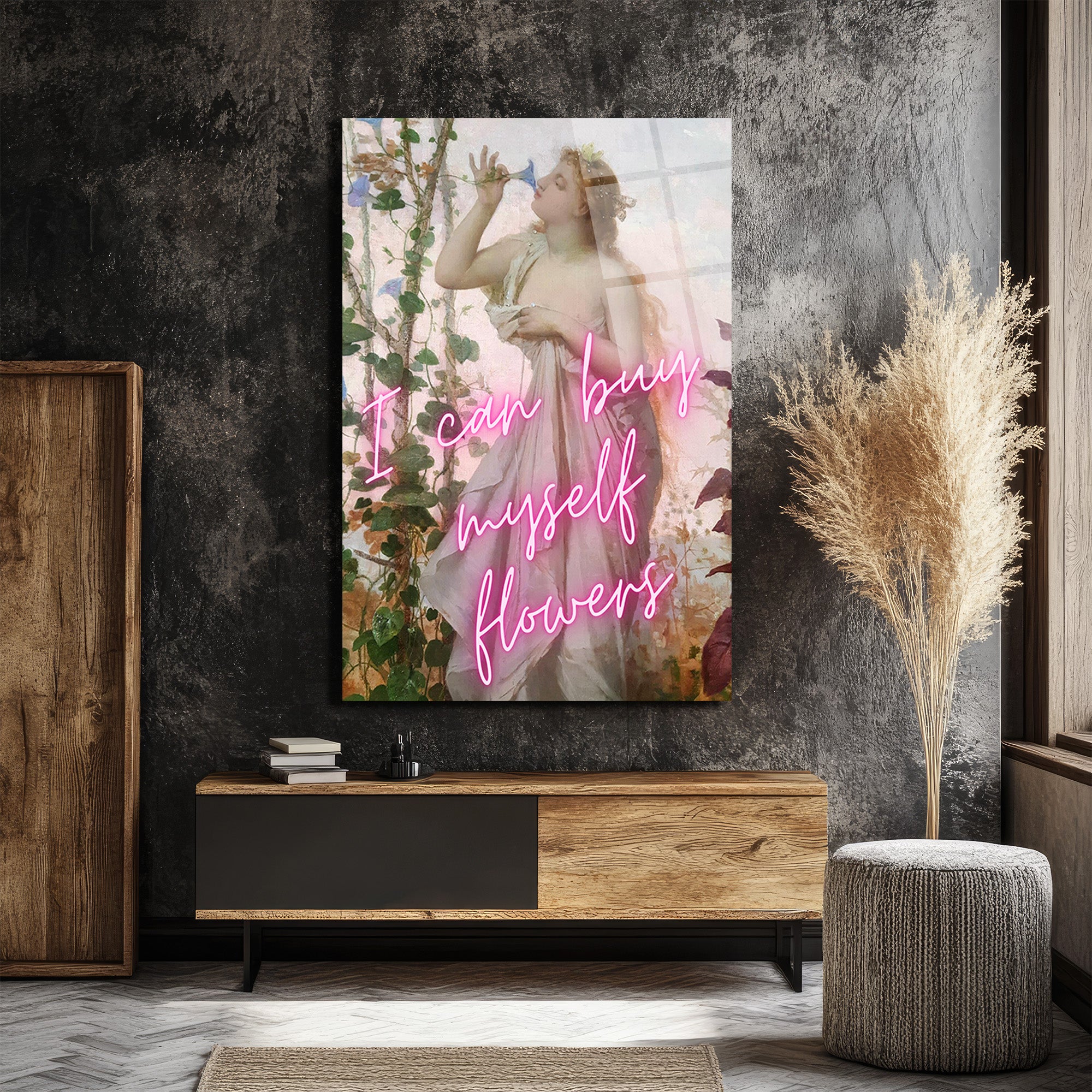 Kendime Çiçek Alabilirim Neon Yazılı Romantik Klasik Sanat Cam Tablo