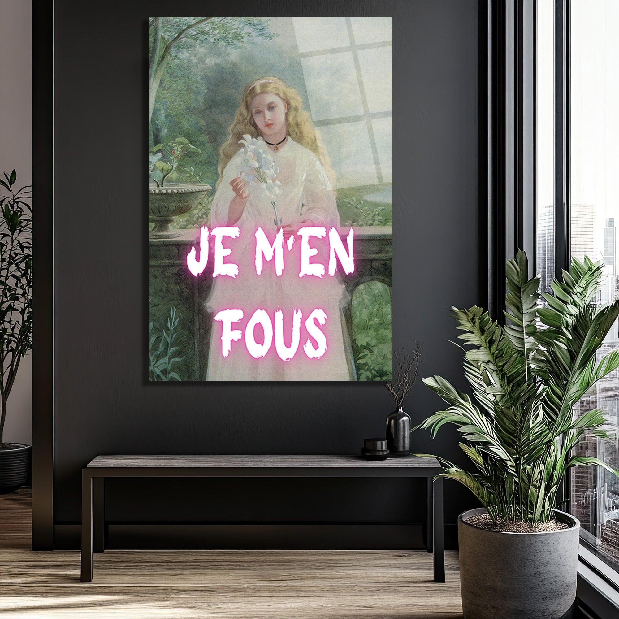 Je M'en Fous Neon Yazılı Klasik Sanat Cam Tablo