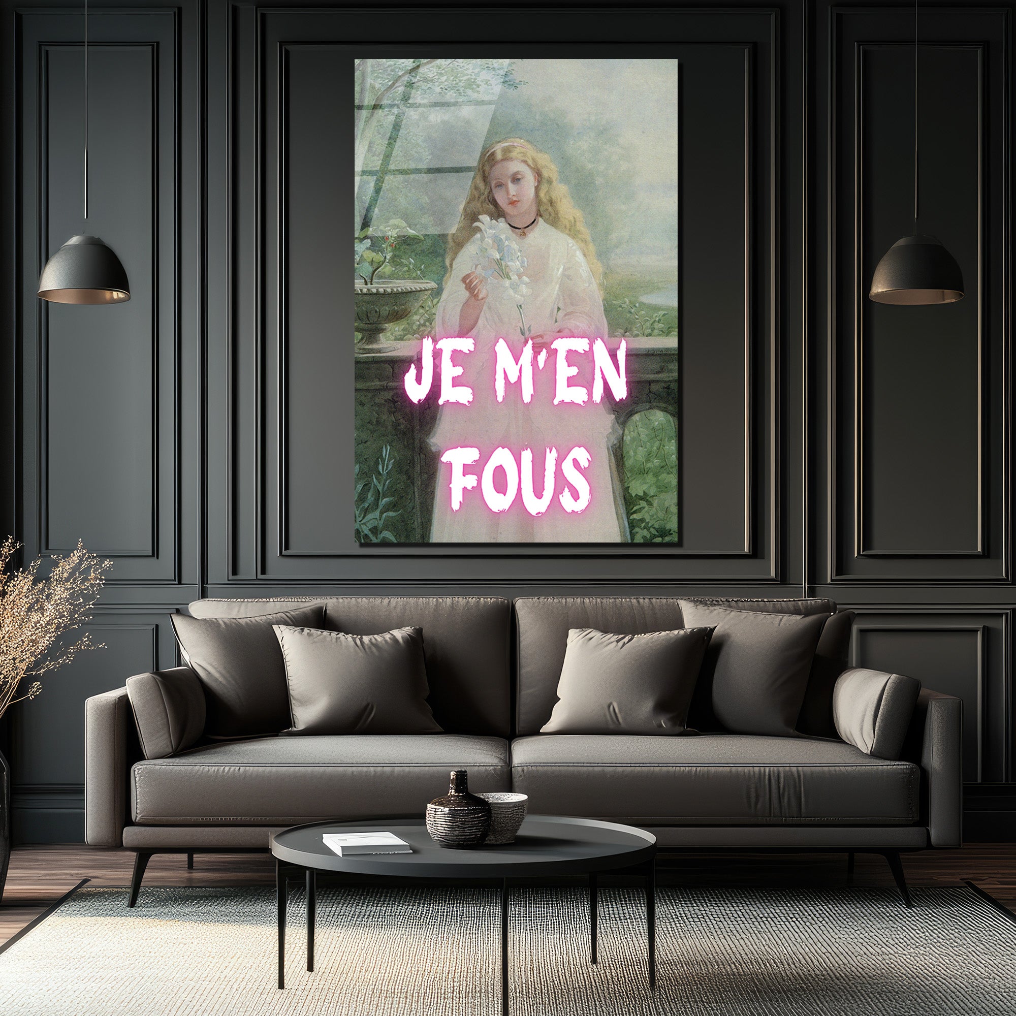 Je M'en Fous Neon Yazılı Klasik Sanat Cam Tablo