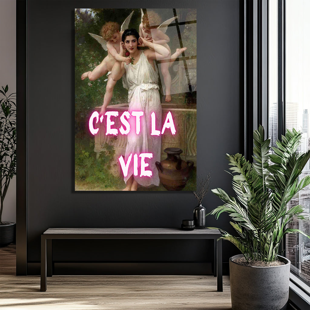 C'est La Vie Neon Yazılı Klasik Sanat Cam Tablo