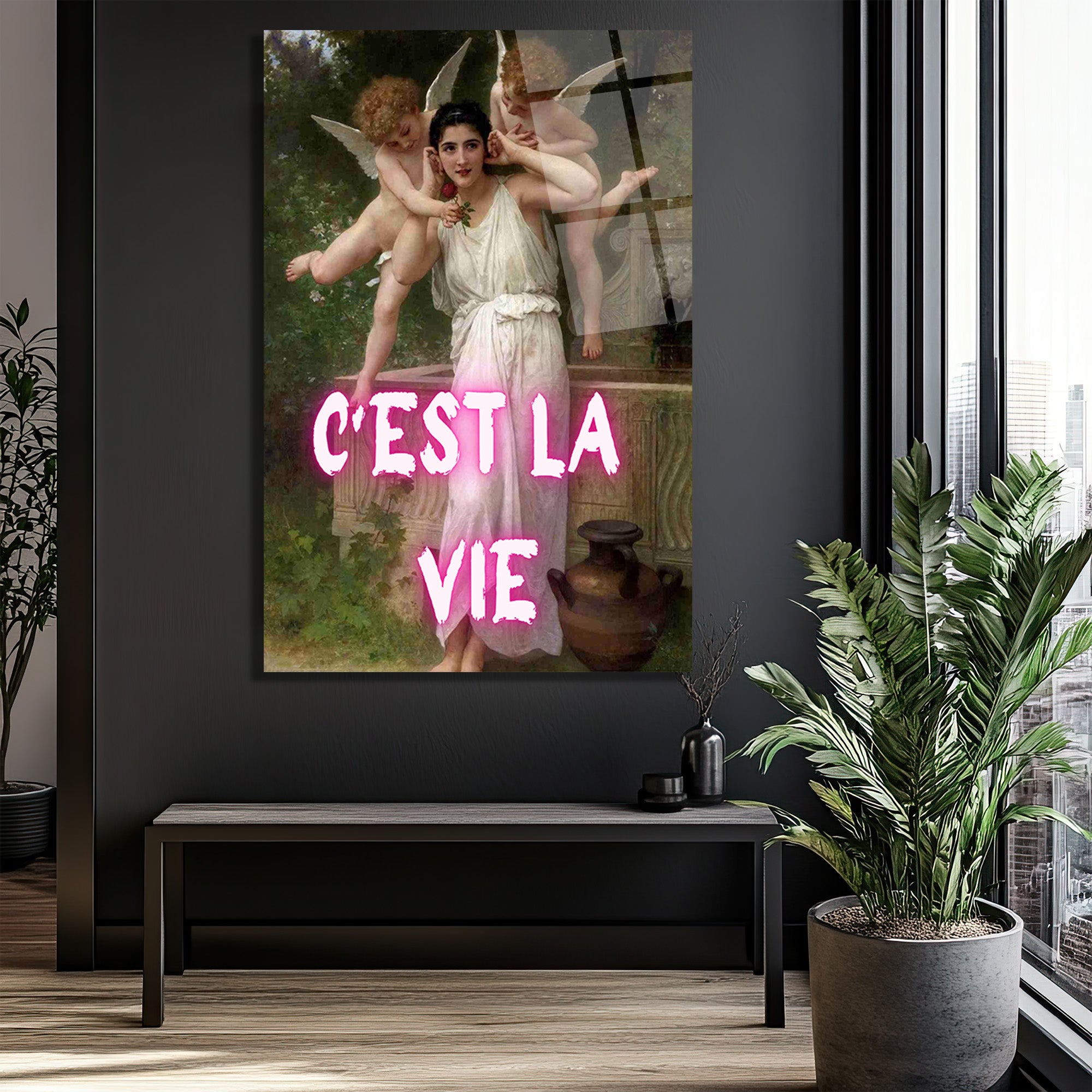 C'est La Vie Neon Yazılı Klasik Sanat Cam Tablo