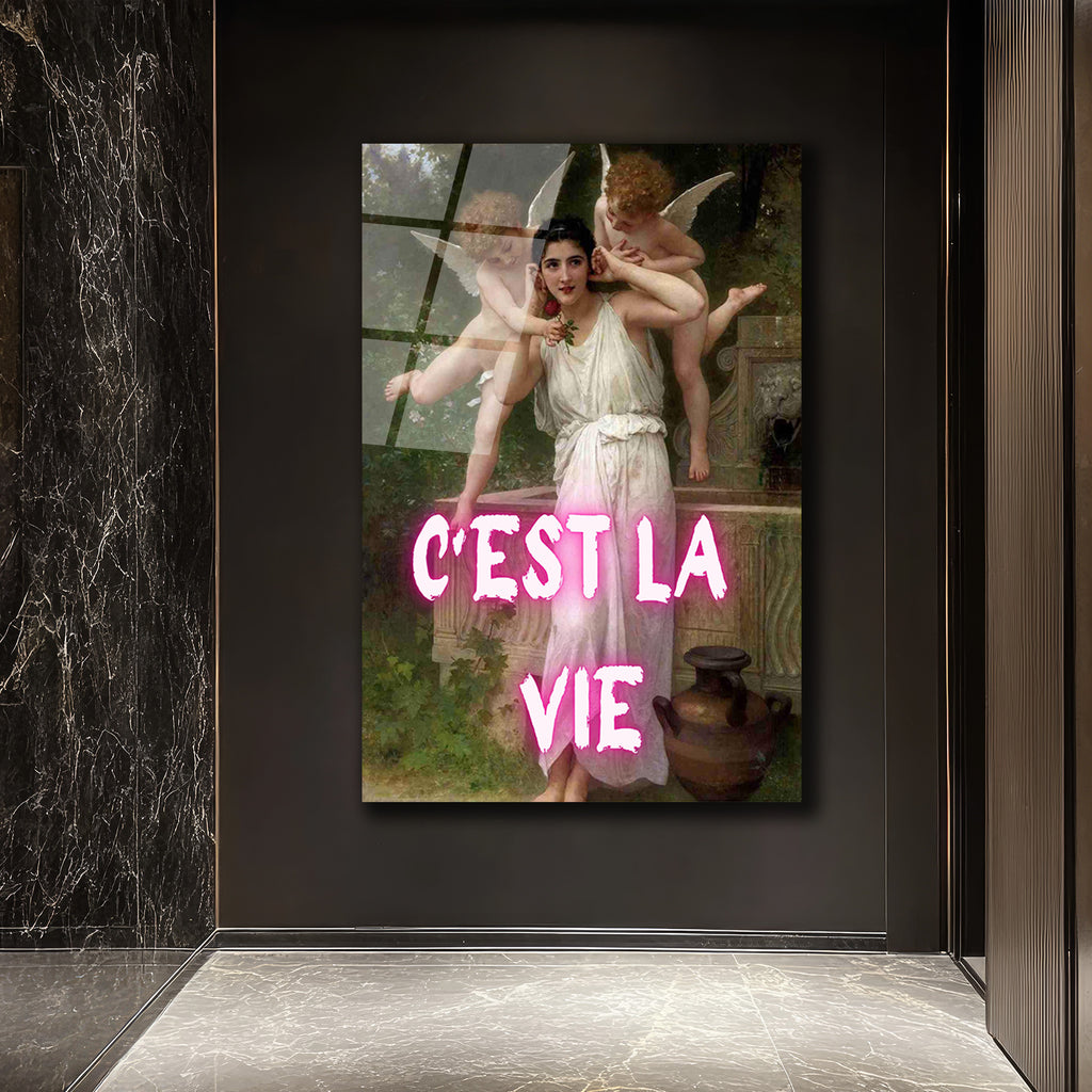 C'est La Vie Neon Yazılı Klasik Sanat Cam Tablo