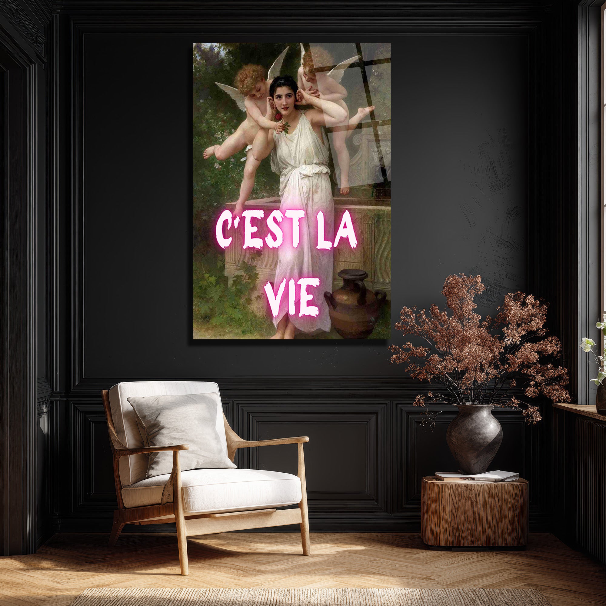 C'est La Vie Neon Yazılı Klasik Sanat Cam Tablo