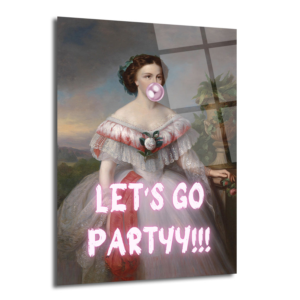 Klasik bir portrede, pembe sakız balonu şişiren ve "LET'S GO PARTYY!!!" neon yazılı beyaz elbiseli bir kadın resmi.