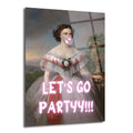 Klasik bir portrede, pembe sakız balonu şişiren ve "LET'S GO PARTYY!!!" neon yazılı beyaz elbiseli bir kadın resmi.