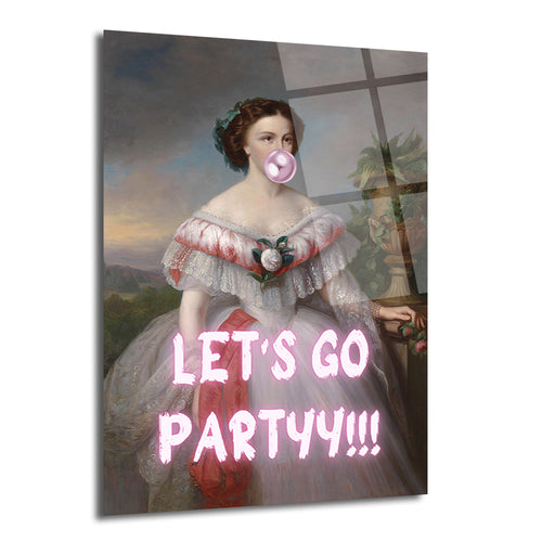 Klasik bir portrede, pembe sakız balonu şişiren ve "LET'S GO PARTYY!!!" neon yazılı beyaz elbiseli bir kadın resmi.