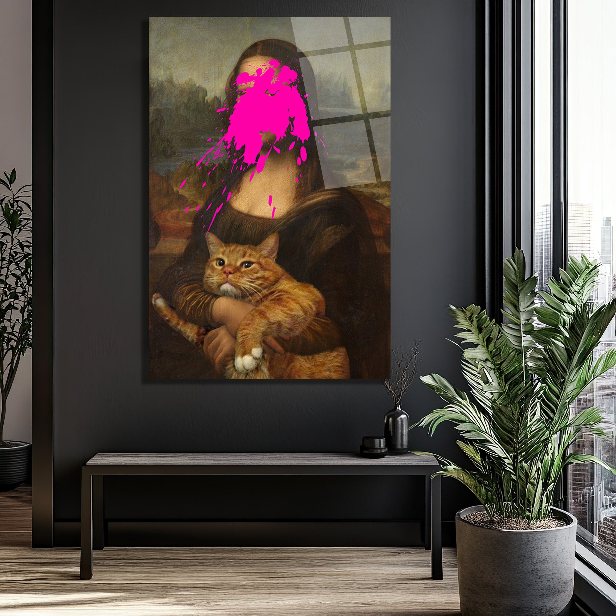 Asi Mona Lisa ve Kedi Pop Art Cam Tablo