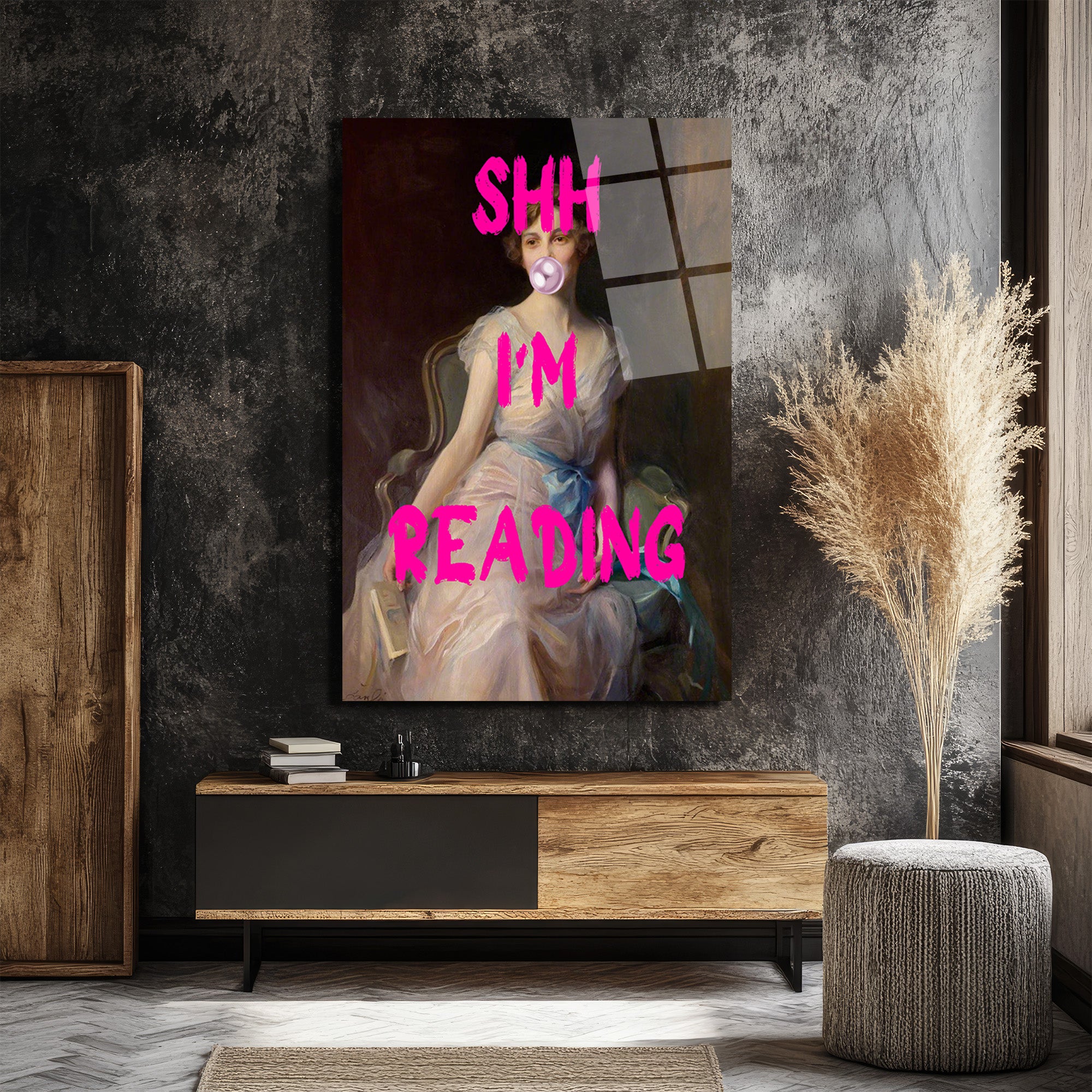 SHH I'M READING Temalı Modern Klasik Cam Tablo