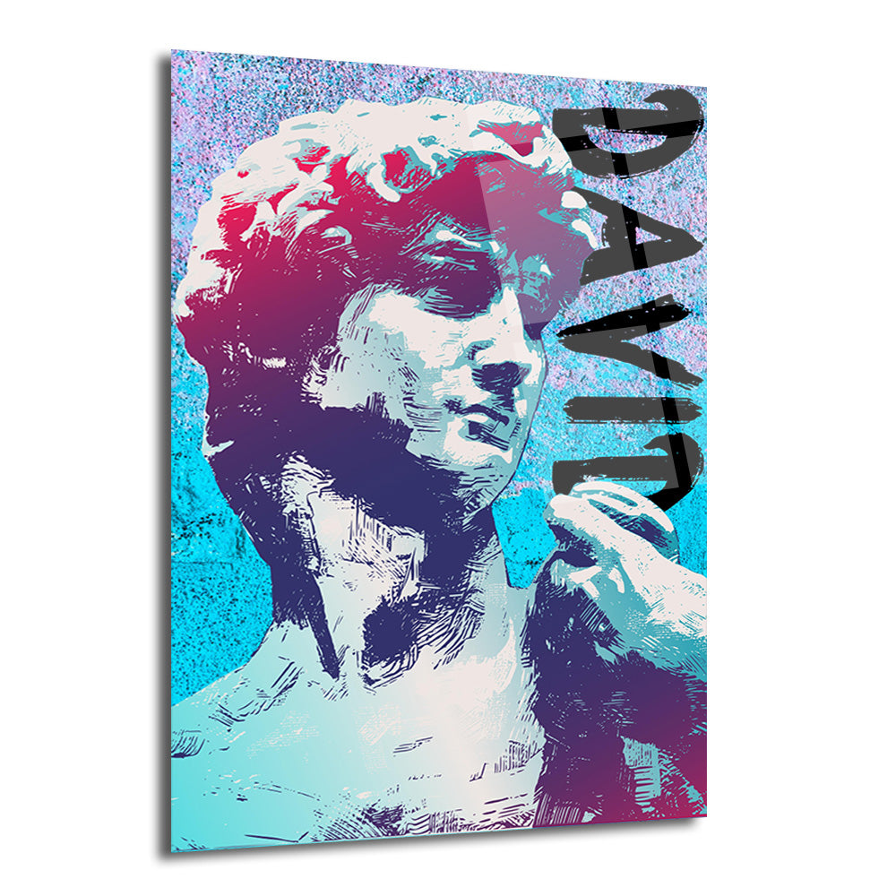 Michelangelo'nun David heykelinin modern, pop-art tarzında neon mavi, mor ve pembe renklerle işlenmiş dijital bir illüstrasyonu. Eserde David'in yüzü ve üst gövdesi, arka planda sprey boya efekti ve dikey olarak "DAVID" yazısı yer alıyor. Canlı renkler ve grunge dokularla çağdaş bir estetik sunan cam tablo.