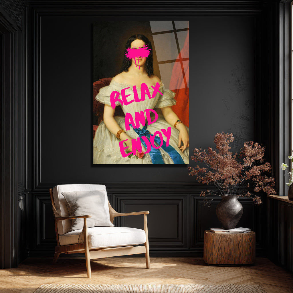 Relax And Enjoy Pop Art Kadın Portresi Cam Tablo