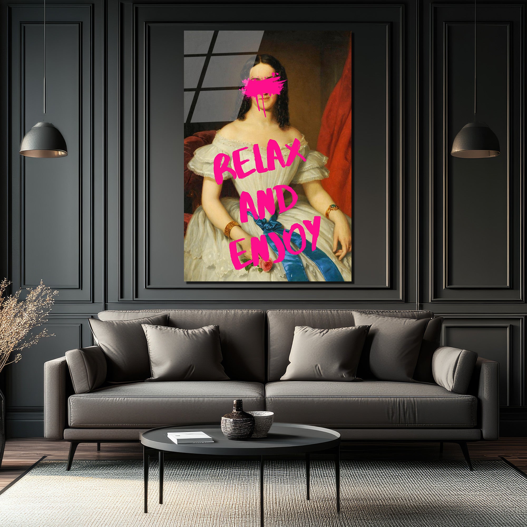 Relax And Enjoy Pop Art Kadın Portresi Cam Tablo