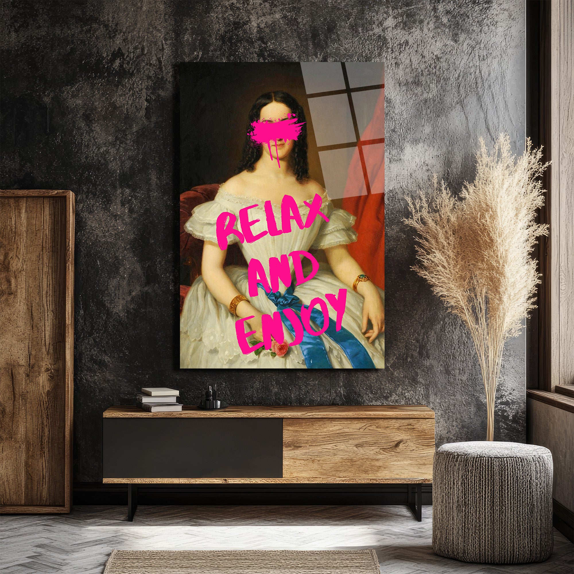 Relax And Enjoy Pop Art Kadın Portresi Cam Tablo