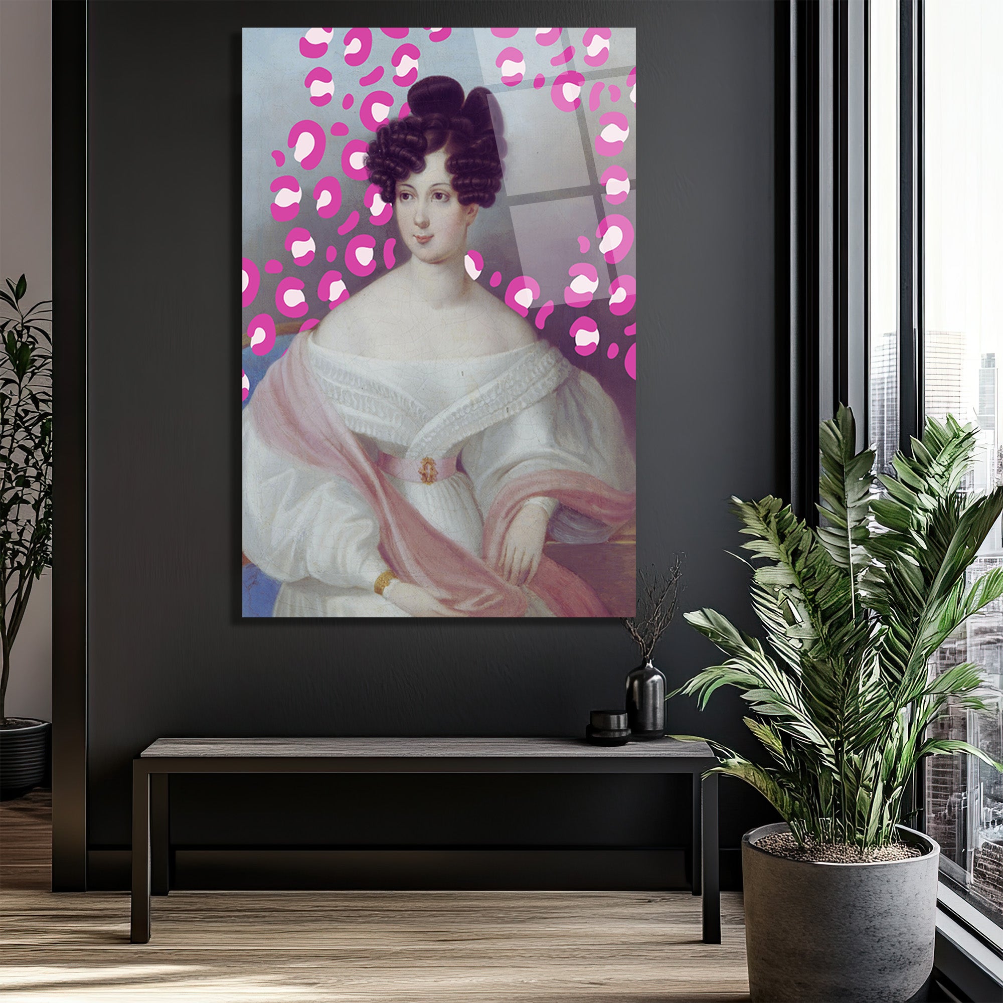 Klasik Portre Pembe Leopar Desenli Modern Cam Tablo
