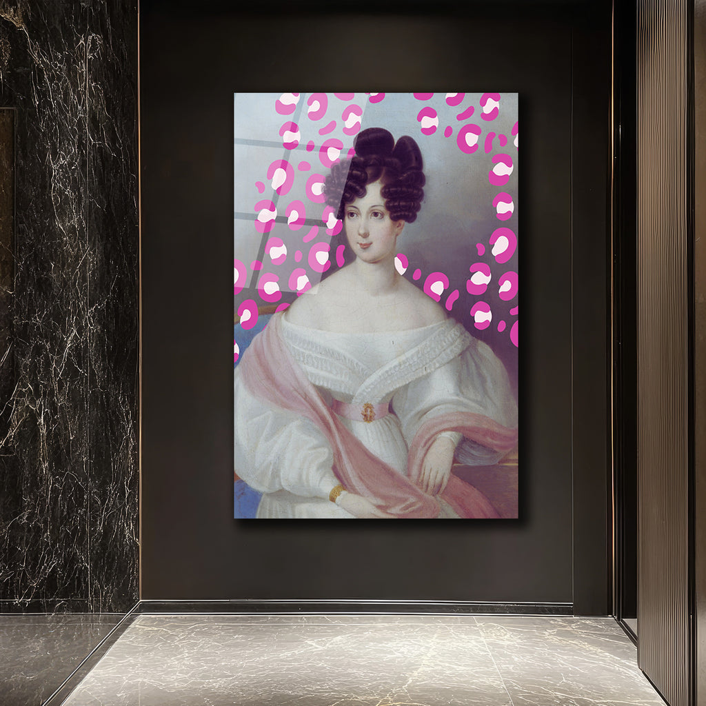 Klasik Portre Pembe Leopar Desenli Modern Cam Tablo