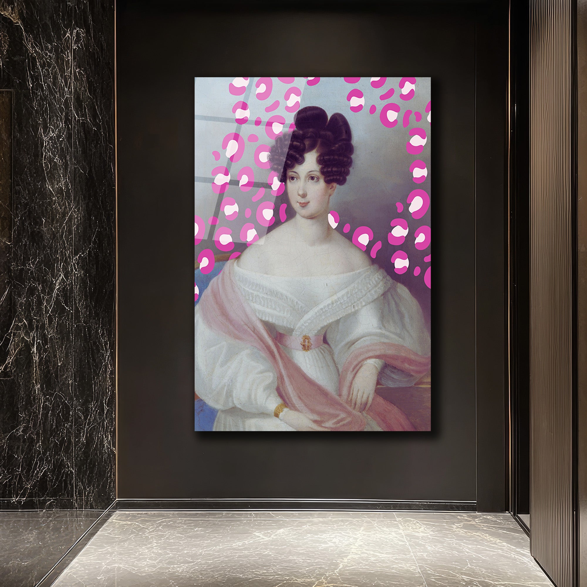 Klasik Portre Pembe Leopar Desenli Modern Cam Tablo