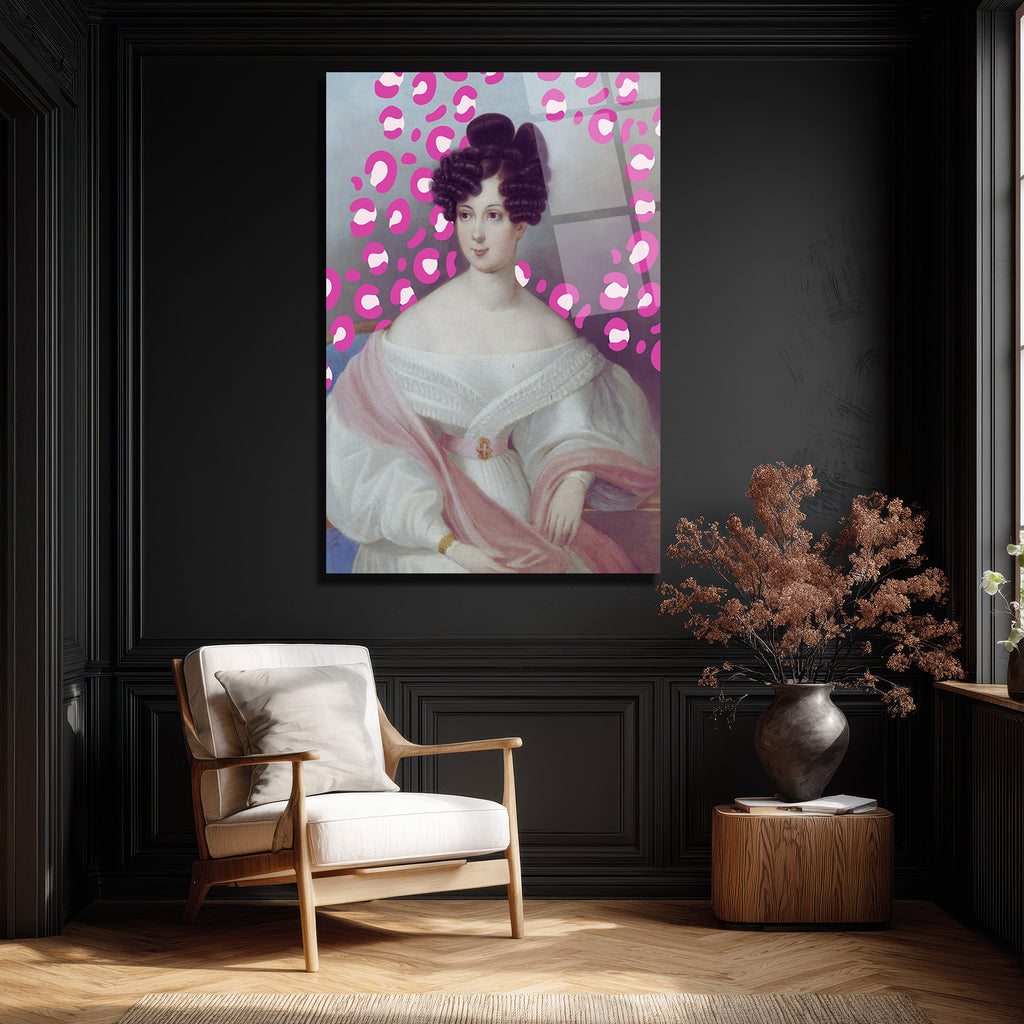 Klasik Portre Pembe Leopar Desenli Modern Cam Tablo