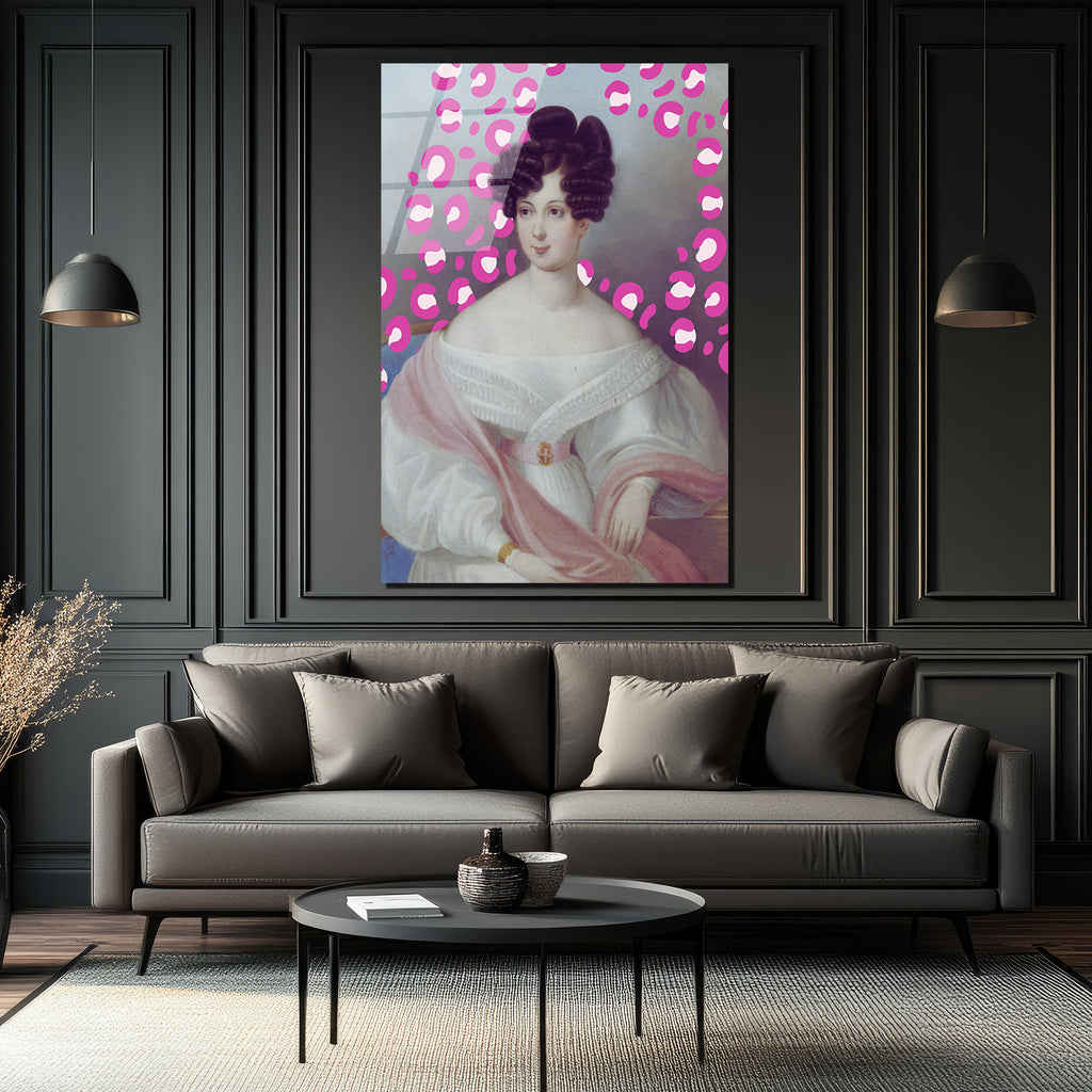 Klasik Portre Pembe Leopar Desenli Modern Cam Tablo