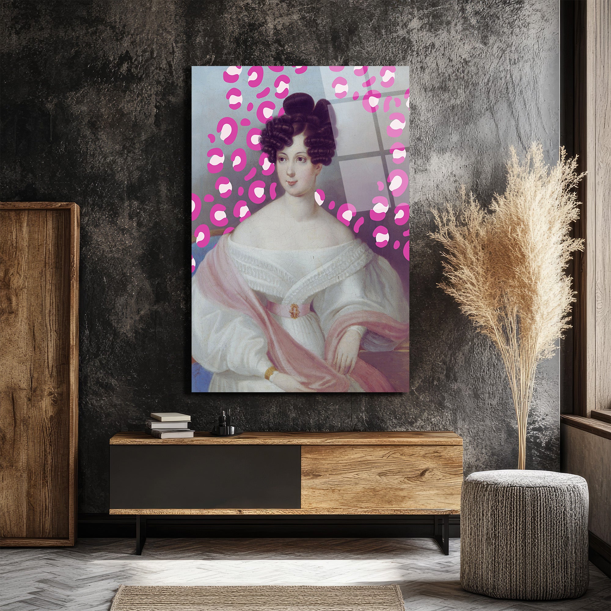 Klasik Portre Pembe Leopar Desenli Modern Cam Tablo
